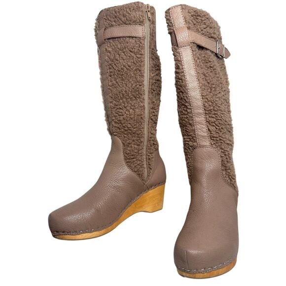 Kelsi Dagger Jagger Taupe Knee High Clog Wood Heel Wedge Round Toe Leather Boot - Picture 6 of 16